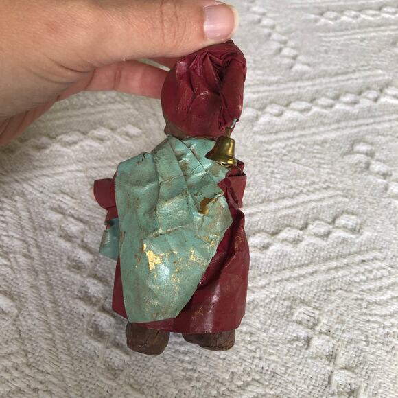 Vintage 1960s Paper Mache Caroler Girl Ornament w Bell & Bottle Brush Tree - Picture 4 of 9